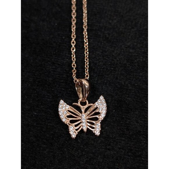 JCM Crystal Rose Gold Tone Butterfly Pave Small Charm Pendant Necklace 20 in - Picture 4 of 10